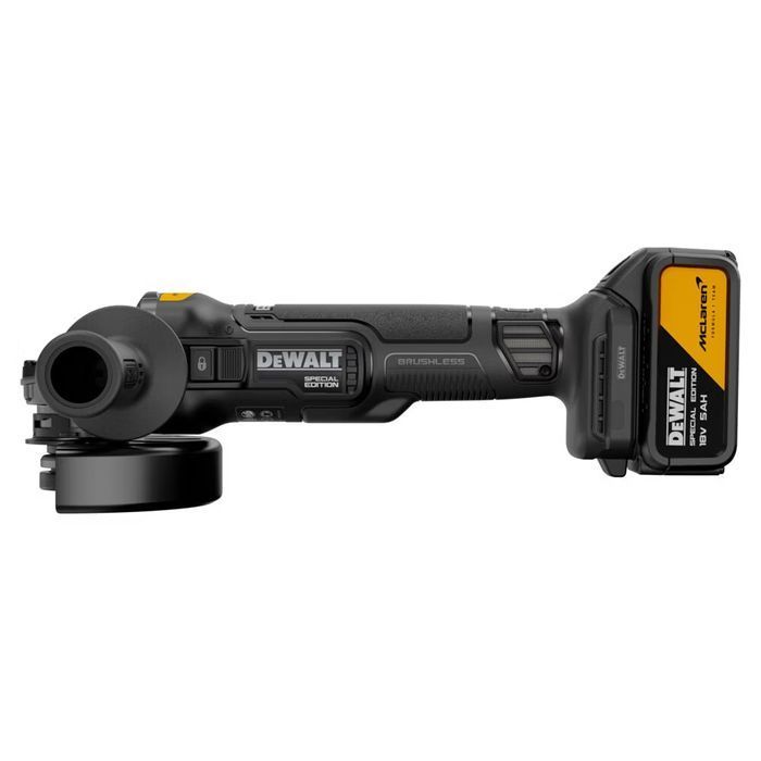 Шліфмашина кутова акумуляторна безщіткова DeWALT, McLaren F1 TEAM SPECIAL EDITION, XR Li-Ion 18 В 5 Аг, d=125 мм, 9000 об/хв, повзунковий (клавішний) вимикач, вага 1.89 кг, 2 акумулятори, зарядний пристрій, валіза TSTAK фото 4