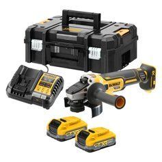 Шліфмашина кутова акумуляторна безщіткова DeWALT, XR Li-Ion 18 В PowerStack 3.5 Аг, d=125 мм, 9000 об/хв, повзунковий (клавішний) вимикач, вага 1.74 кг, 2 акумулятори XR Li-Ion 18 В PowerStack 3.5 Аг, зарядний пристрій, валіза TSTAK фото 1
