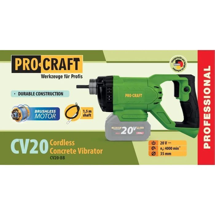 Аккумуляторный вибратор для бетона Procraft CV20 20В, бесщеточный, булава 1,5 м (без АКБ и ЗУ) фото 2