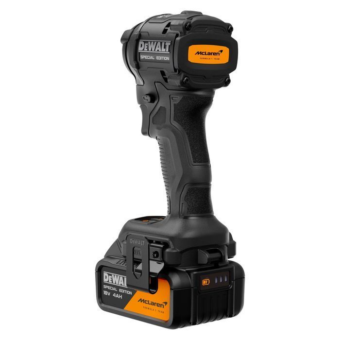Шурупокрут ударний DeWALT, McLaren F1 TEAM SPECIAL EDITION, безщітковий, XR Li-Ion 18 В 5 Аг, 206,2 Нм, 3250 об/хв, 3800 уд/хв, розмір тримача насадок 6,35 мм (1/4), кількість швидкостей - 3, вага 0,95 кг, 2 акумулятори, зарядний пристрій, валіза TSTAK фото 6