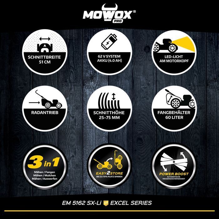 Акумуляторна газонокосарка Mowox EM 5162 SX-Li з 1 АКБ 62V 4.0Ah і ЗП BC 135 фото 3