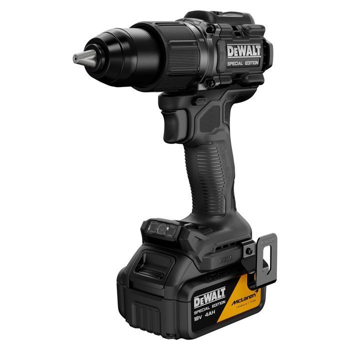 Дриль-шурупокрут DeWALT, McLaren F1 TEAM SPECIAL EDITION, безщітковий ударний, XR Li-Ion 18 В 4 Аг, 90 Нм, 0-650/0-2000 об/хв, 0-11050/0-34000 уд/хв., патрон 13 мм швидкозатискний, кількість швидкостей - 2, вага 1.34 кг, 2 акумулятори, зарядний пристрій,  фото 2