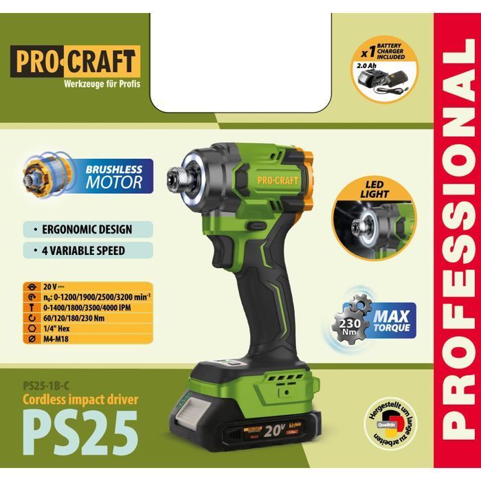 Гвинтоверт акум. PRO-CRAFT PS-25 (1АКБ 20В 2A/г) фото 2