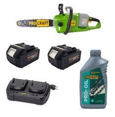 Комплект: Акумуляторна ланцюгова пила Procraft PCA40/4/2 + Battery20/4/4 (2 шт.) + Зарядний пристрій Procraft Charger20/2 + Масло Procraft для ланцюга фото 1