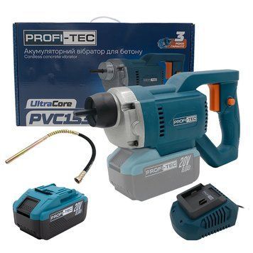 Акумуляторний вібратор для бетону PROFI-TEC PCV1535 (20 В, безщітковий двигун, 1650 &ndash; 4135 вібр/хв) 1&times;PT2080EP (8.0 Аг), ЗП QBCD20/4 quick ток заряду 4,0Аг, гнучкий АРМОВАНИЙ шланг 35 мм / 1.5 м, режим 6 швидкостей, коробка фото 1